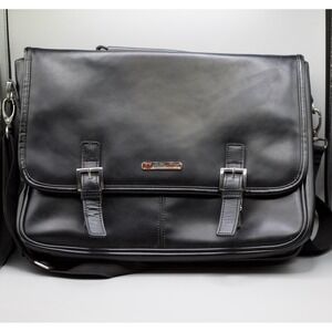 Alpine Swiss Messenger Black  Leather Laptop Bag Brief Case Impress w/ Bold Look